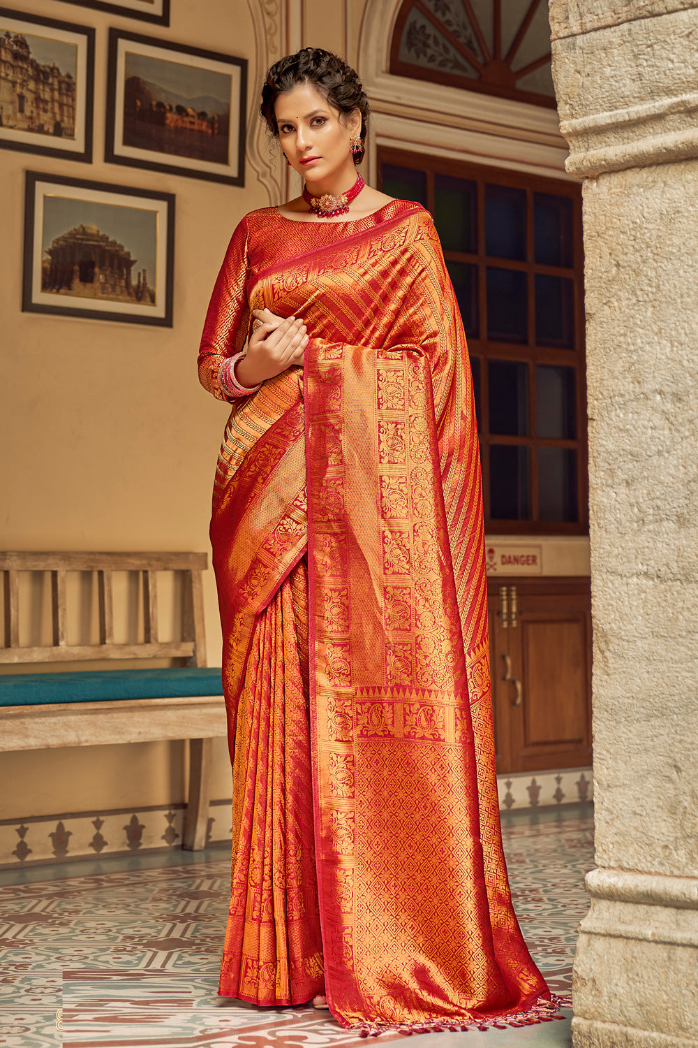 Buy Orange Handwoven Kanjivaram Silk Saree T223166